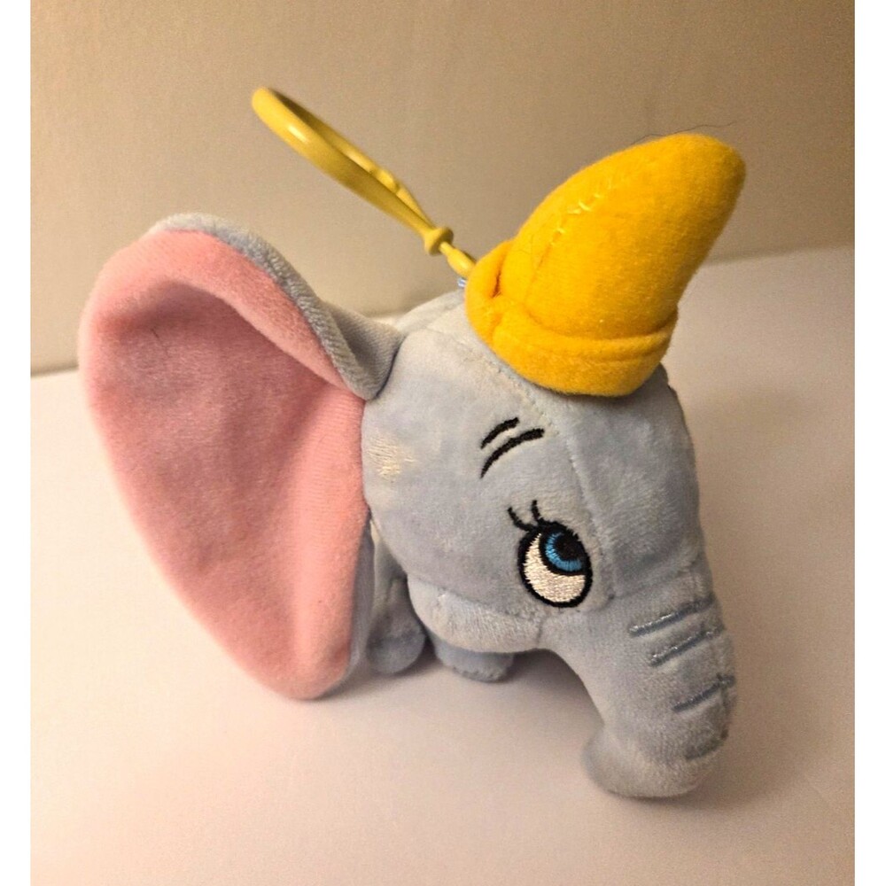 Adorable Disney Dumbo Plush Keychain Keyring Clip Gray Elephant with Yellow Hat